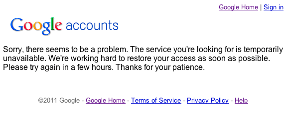 Sorry, there seems to be a problem. The service you're looking for is temporarily unavailable. We're working hard to restore your access as soon as possible. Please try again in a few hours. Thanks for your patience. 